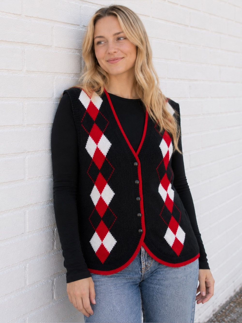 Vintage Argyle Sweater Vest Black Red Grunge Preppy Golf 1990s 90s Womens Medium